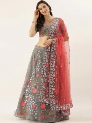 panchhi Grey & Peach-Coloured Embroidered Semi-Stitched Lehenga-4