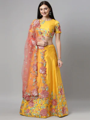 panchhi Mustard & Pink Embroidered Sequinned Semi-Stitched Lehenga & Unstitched Blouse With Dupatta -5