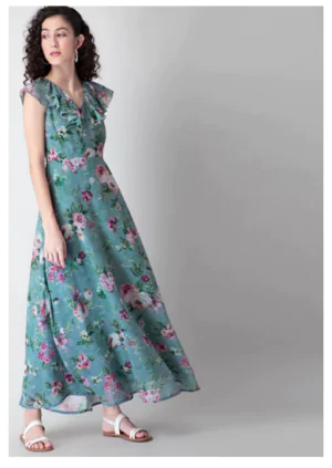 Buy Women Blue Floral Ruffled Cap Sleeve Belted Maxi Dress - Maxi Dresses Online